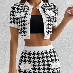 Houndstooth Print Flap Detail Crop Jacket & Bodycon Skirt